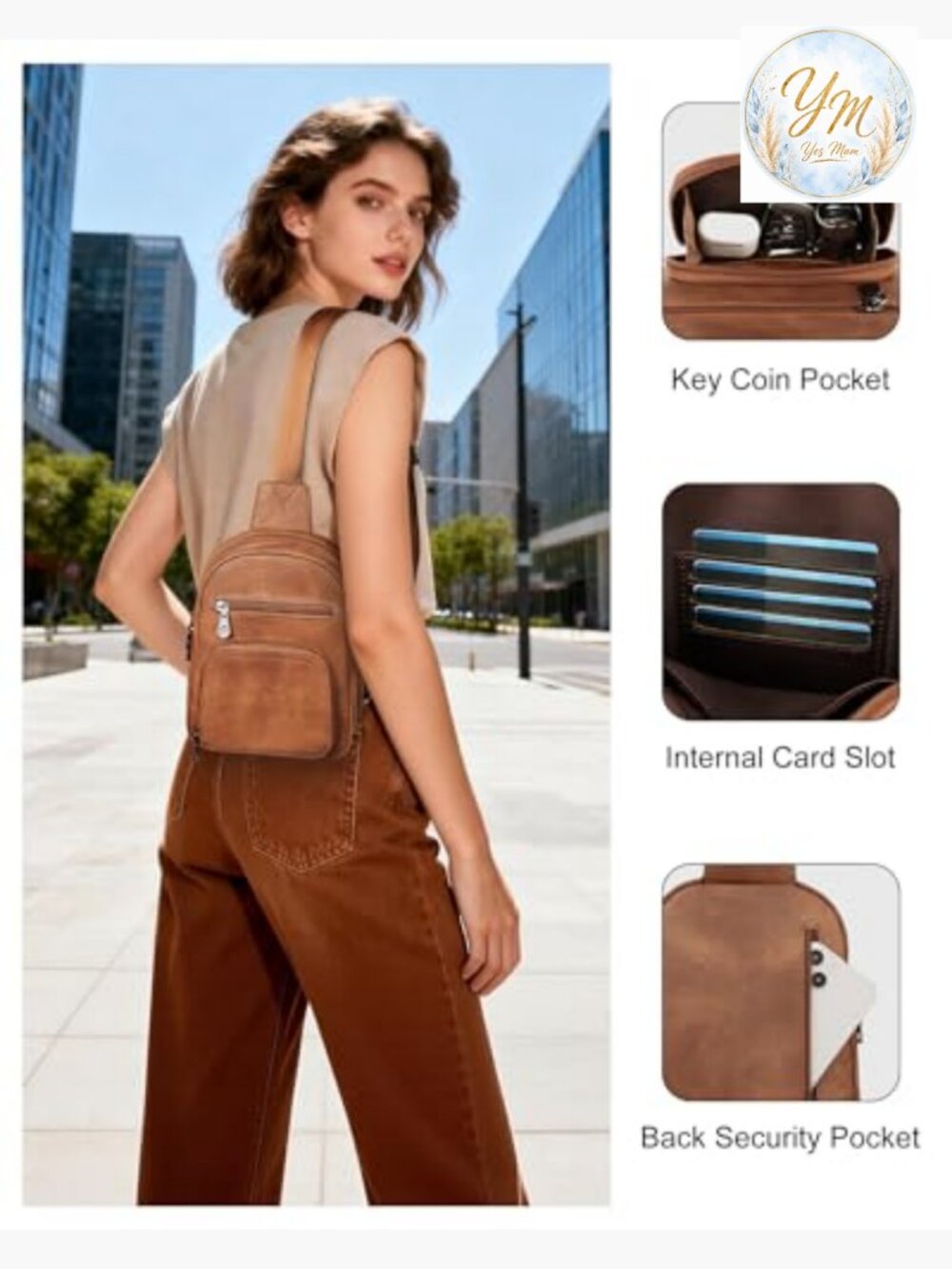 Sling Crossbody Bag PU Leather Multi-Pocket Purse Shoulder Bag Travel - Picture 3 of 6
